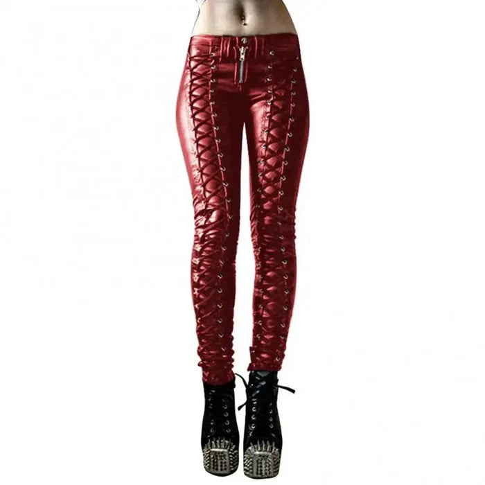 Mandotos steampunk leather skinny pants with fitted design and detailed leather accents, perfect for a bold, edgy look.