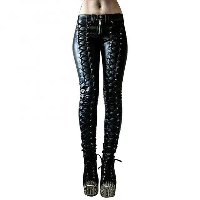 Mandotos steampunk leather skinny pants featuring fitted design, dark brown leather, and detailed steampunk-inspired accents.