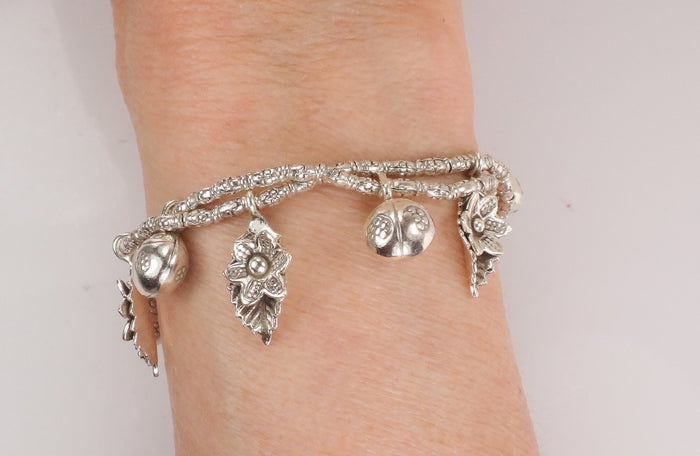 Sterling Silver Ladybug and Flower Charm Bracelet Flexible 7"