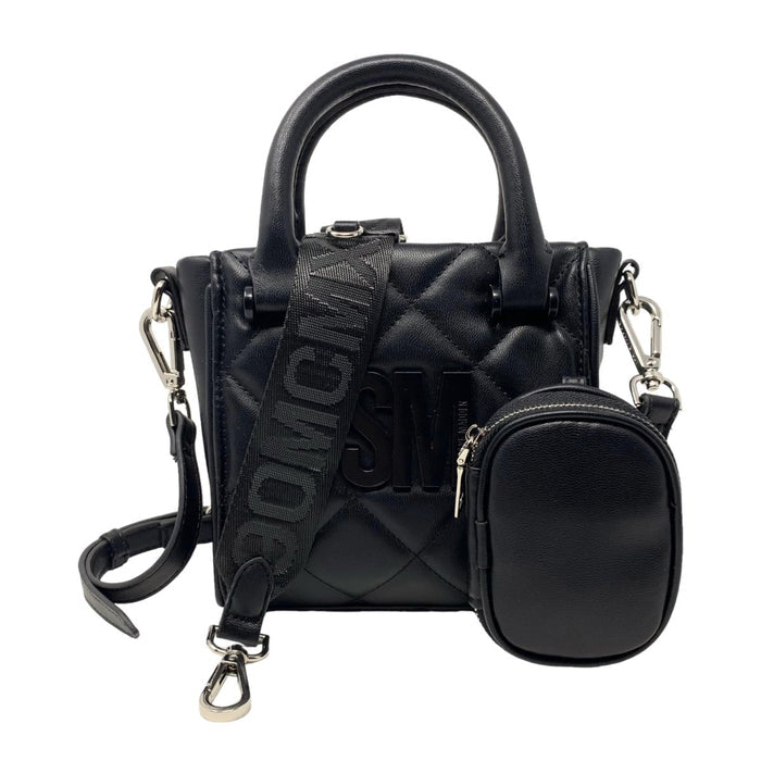 Steve Madden BBABI mini quilted crossbody bag with adjustable strap and gold-tone hardware, black faux leather finish.
