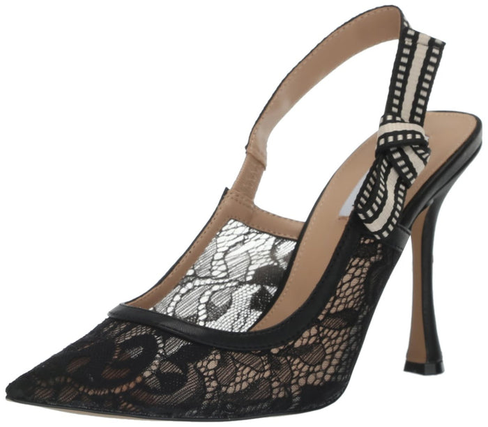 Steve Madden BRI black lace stiletto shoe, size 6.5, featuring elegant lace details and a sleek high heel.