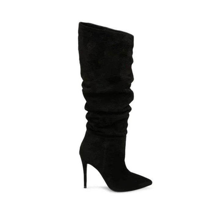 Mandotos stiletto heels with pleated design and high over-the-knee length, stylish footwear perfect for fashionable outfits.