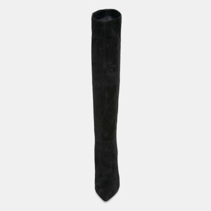 Mandotos stiletto heels with pleated design and high over-the-knee style, showcasing sleek black fashion footwear.
