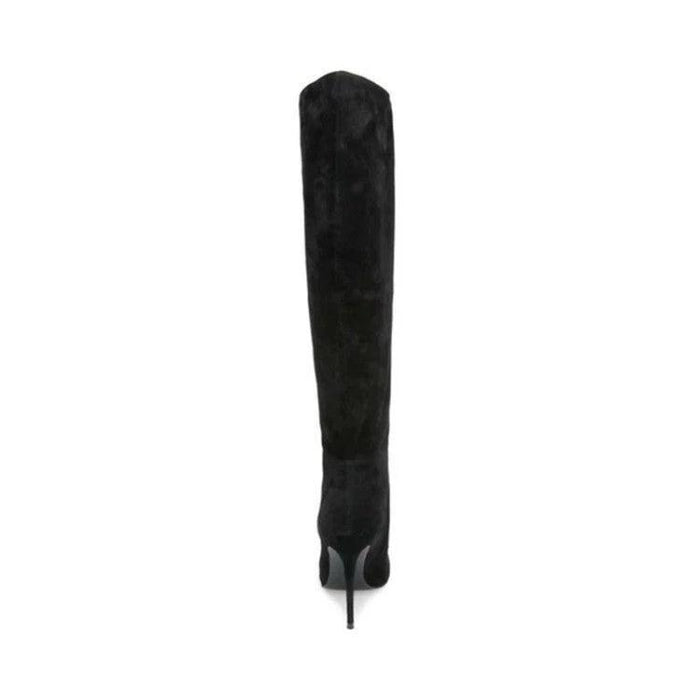 Mandotos stiletto heels with pleated design and high over-the-knee length, stylish women's boots on a white background.