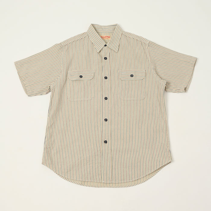 Sugar Cane Dobby Stripe Short Sleeve Work Shirt - Off White