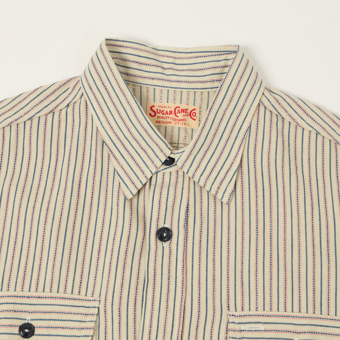 Sugar Cane Dobby Stripe Short Sleeve Work Shirt - Off White