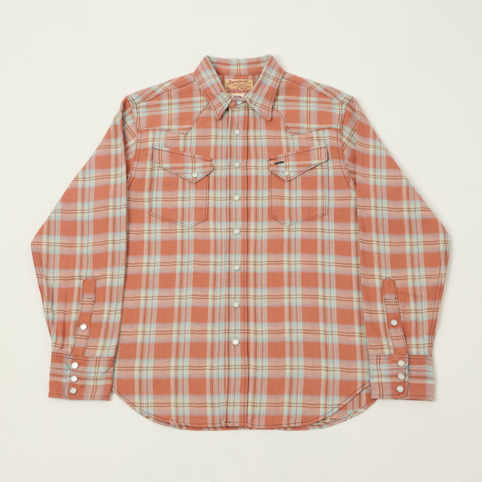 Sugar Cane Herringbone Check Western Shirt - Red/Grey