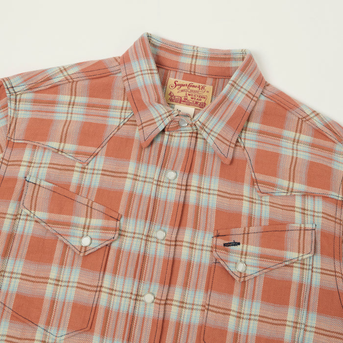 Sugar Cane Herringbone Check Western Shirt - Red/Grey