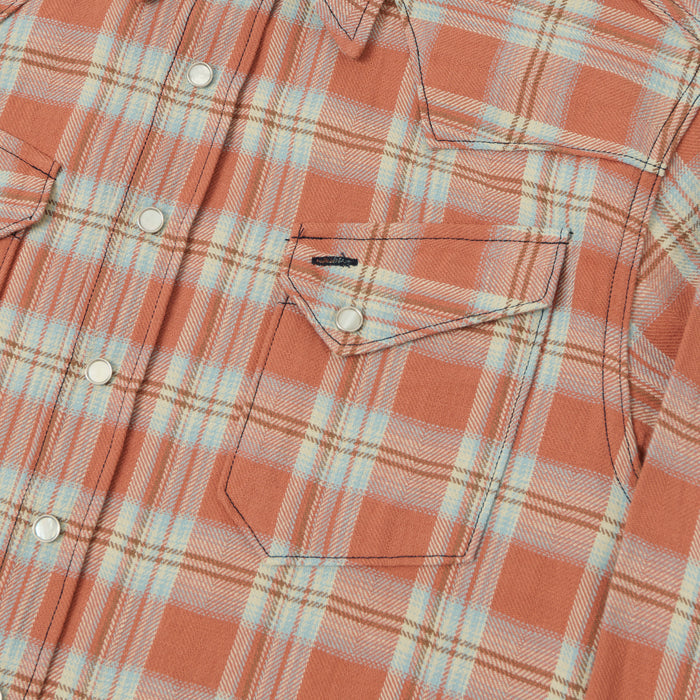 Sugar Cane Herringbone Check Western Shirt - Red/Grey
