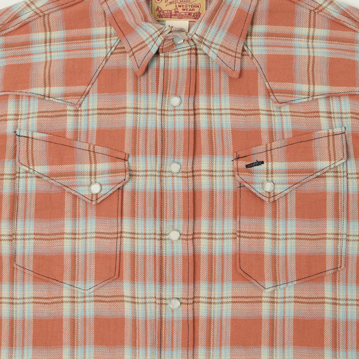 Sugar Cane Herringbone Check Western Shirt - Red/Grey