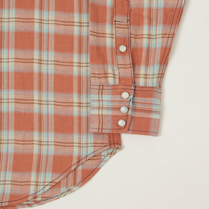 Sugar Cane Herringbone Check Western Shirt - Red/Grey