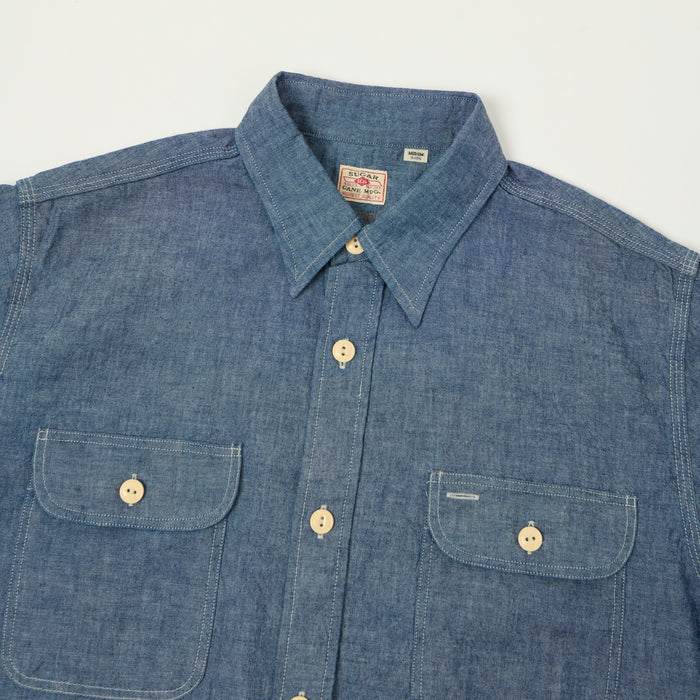 Sugar Cane Short Sleeve Chambray Work Shirt - Navy