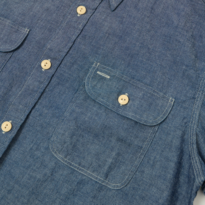 Sugar Cane Short Sleeve Chambray Work Shirt - Navy