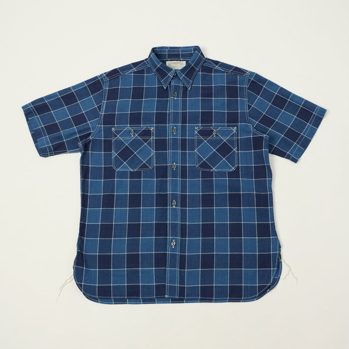 Sugar Cane Short Sleeve Plaid Work Shirt - Indigo