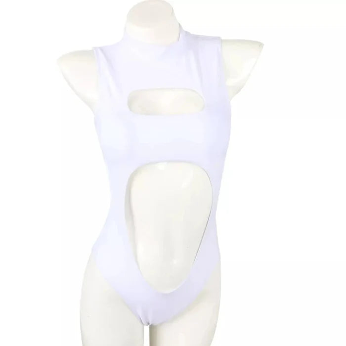 Mandotos International one-piece swimsuit with zipper neck, front cutout, hollow out design, in black, stylish sexy bathing suit.