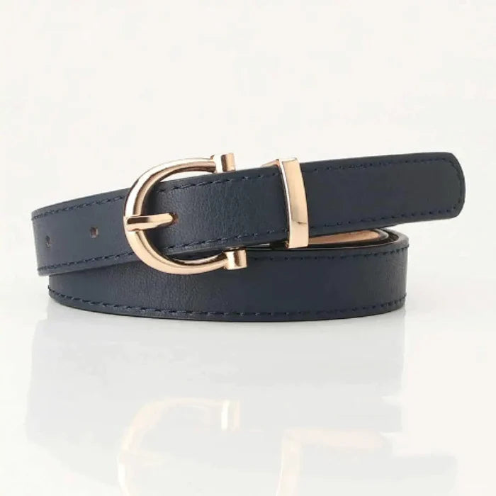 Black Tally vegan leather belt by MANDOTOS with a sleek buckle, shown laid flat on a white background.