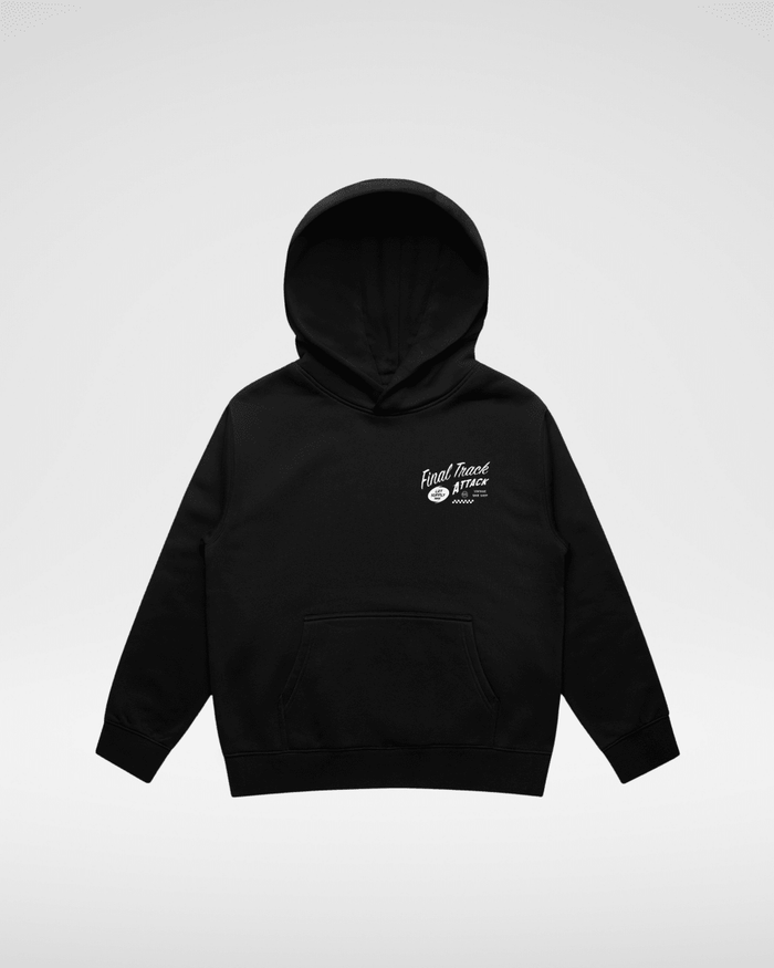 Little Rad Things baby hoodie, THE FINAL TRACK ATTACK style, recycled black toddler outerwear, soft and comfortable for young children.