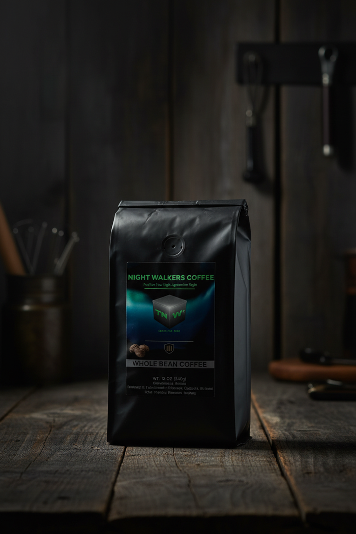 Gun Powder Grinds Night Walkers Whole Bean on wooden surface