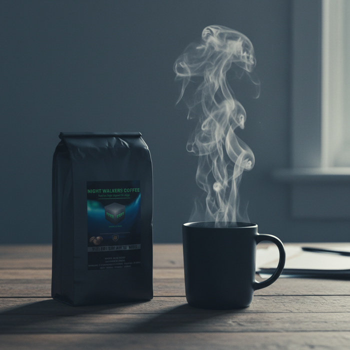 Gun Powder Grinds Night Walkers Whole Bean with steaming mug