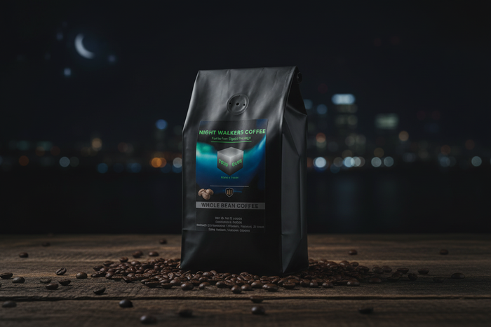 Gun Powder Grinds Night Walkers Whole Bean with nighttime elements