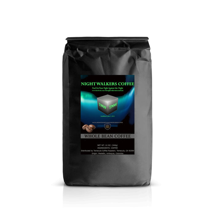 Black coffee bag with 'Nightwalkers Coffee' label on a white background
