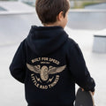 Baby and toddler black hoodie featuring winged mechanic design, recycled fabric, by LITTLE RAD THINGS, cozy outerwear for little adventurers.