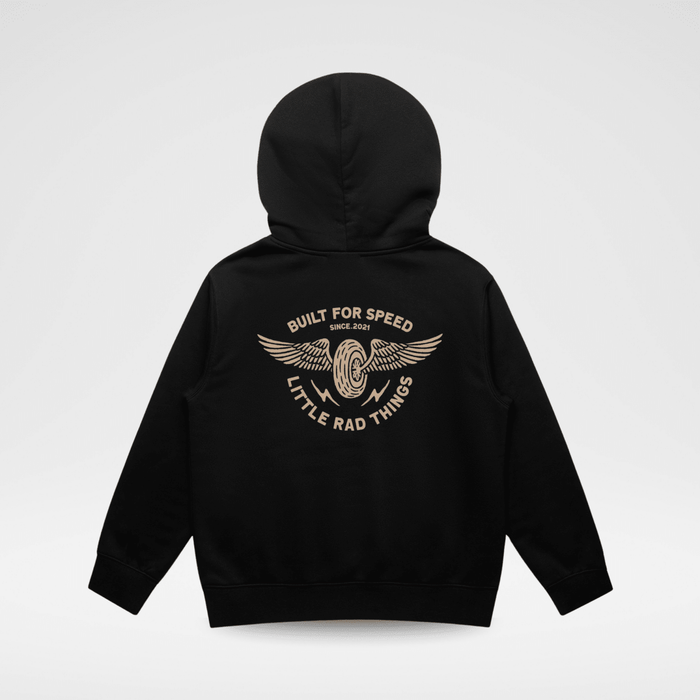 Little Rad Things toddler hoodie with winged mechanic design in recycled black, a cozy and stylish outerwear for babies and toddlers.