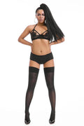 Pair of shiny black thigh-high socks from MANDOTOS with a sexy, sleek design and knee-high length for stylish wear.