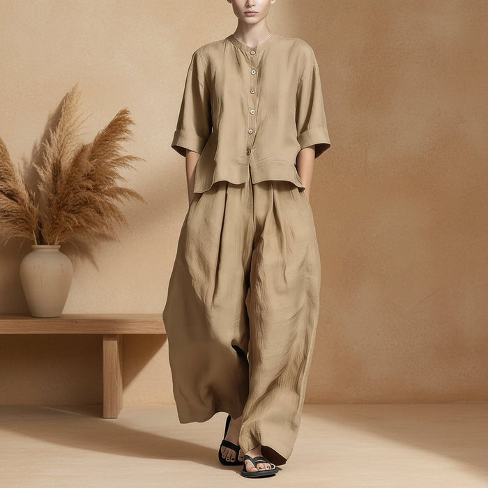 FitiqueFit three-quarter sleeve shirt and loose trousers two-piece set, casual stylish outfit with comfortable fit.