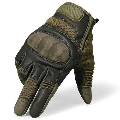 Mandotos touchscreen leather motorcycle gloves showing black leather design and touchscreen fingertips on a rider's hand.
