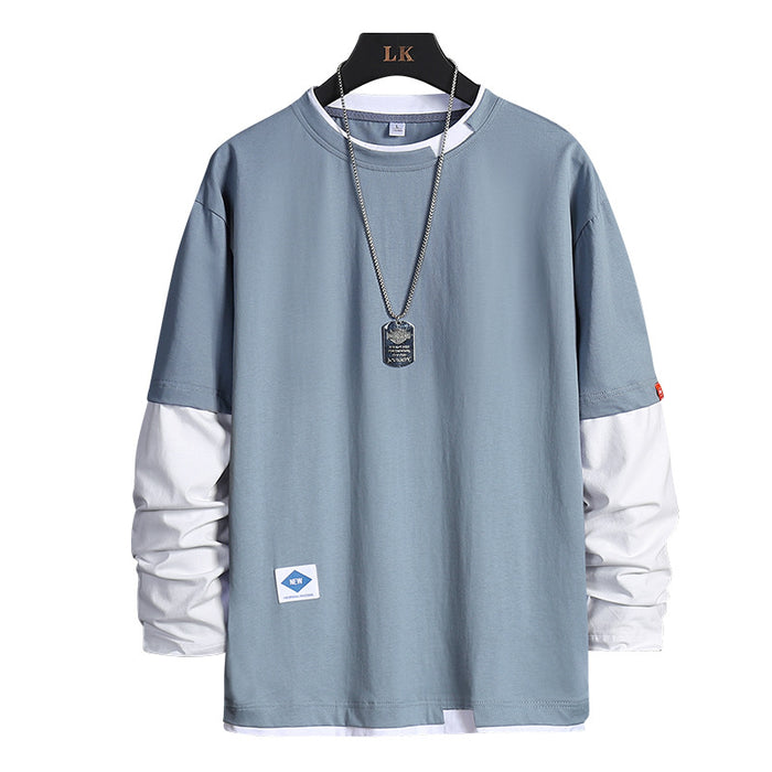 Gray and white long sleeve fashion tee with dog tag necklace, stylish casual wear for men