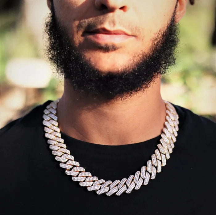 Mandotos triple row diamond gold Cuban chain with sparkling diamonds and thick gold links, showcasing luxury jewelry design