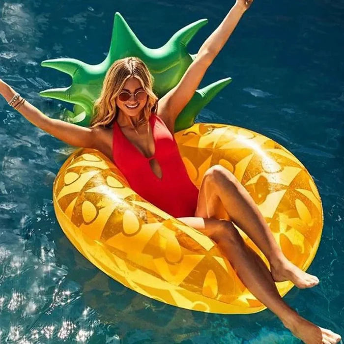 Mandotos tropical pineapple water float featuring a vibrant pineapple design for pool relaxation and summer fun.