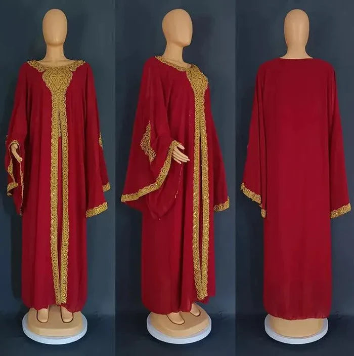 Mandotos two-piece gold kaftan abaya dress set with flowing fabric and elegant design, perfect for formal occasions.