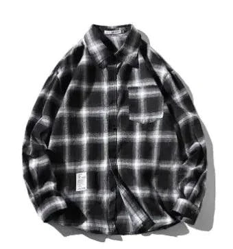 Unisex checkered long sleeve shirt by MANDOTOS featuring a classic black and white checkered pattern and button-up front.