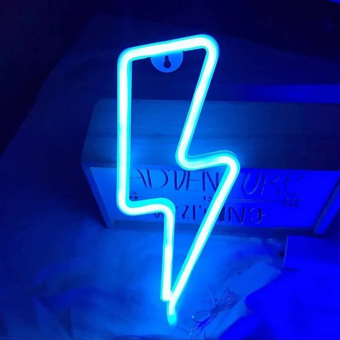Mandotos USB and battery-powered LED neon lightning sign with bright, colorful lightning bolt design for decorative lighting.