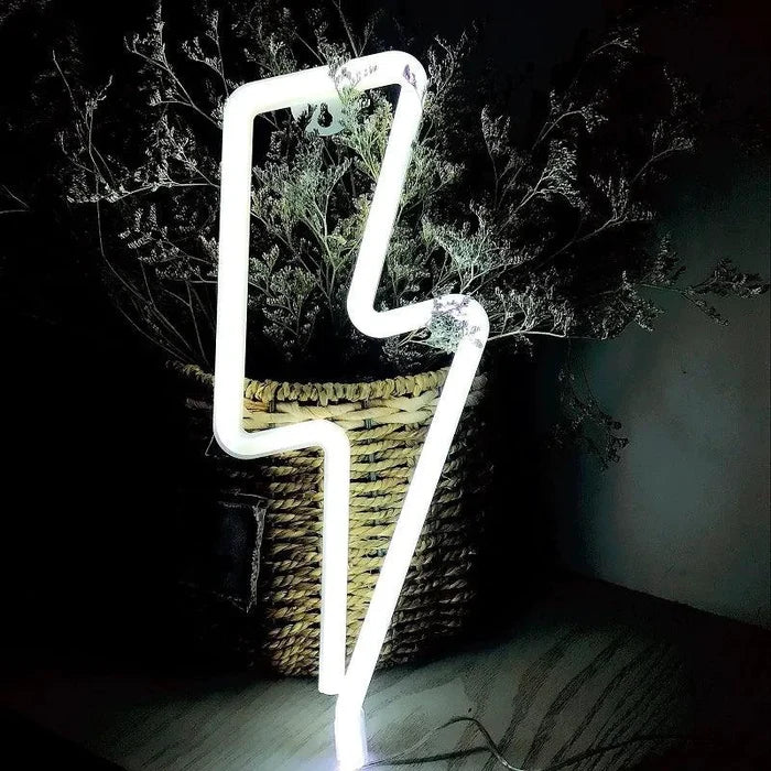 Mandotos USB and battery-powered LED neon lightning sign with bright, colorful lightning bolt design for decor or events.