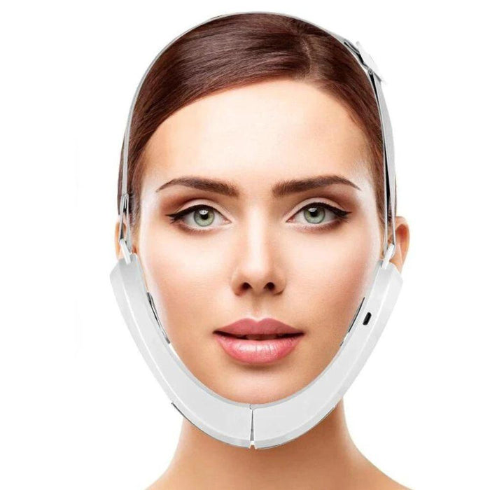 Mandotos V-Lift Face Massager for sculpted jawline and double chin reduction, showing the handheld device on a person's face.