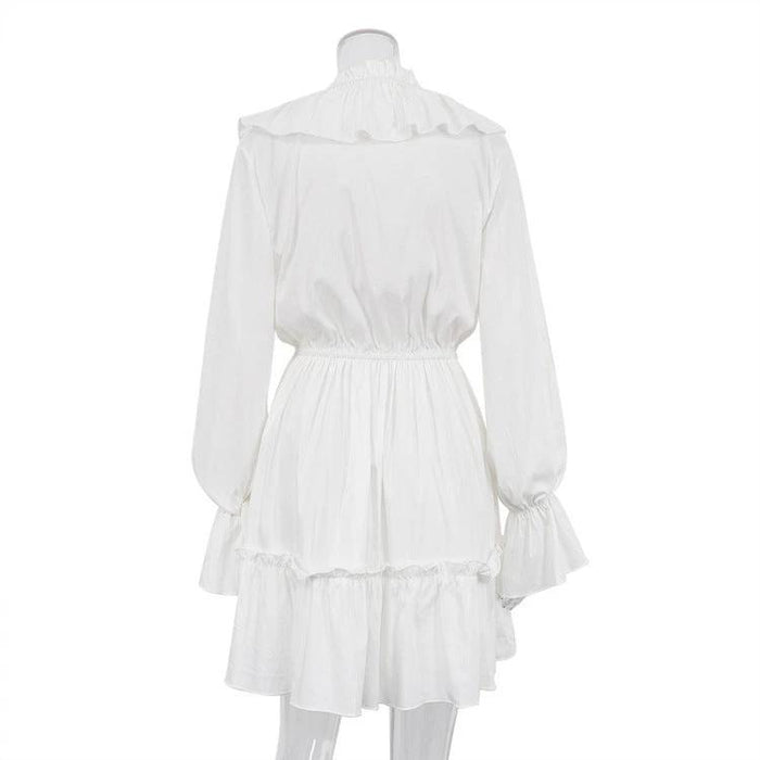 Mandotos V-neck pleated ruffle dress with flared sleeves, short Y2K-inspired fashion look, stylish and feminine design