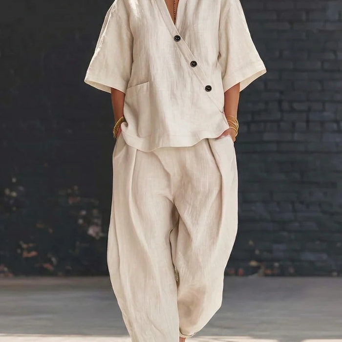 V-Neck Short Sleeve Top & High-Waist Trousers Two-Piece Set