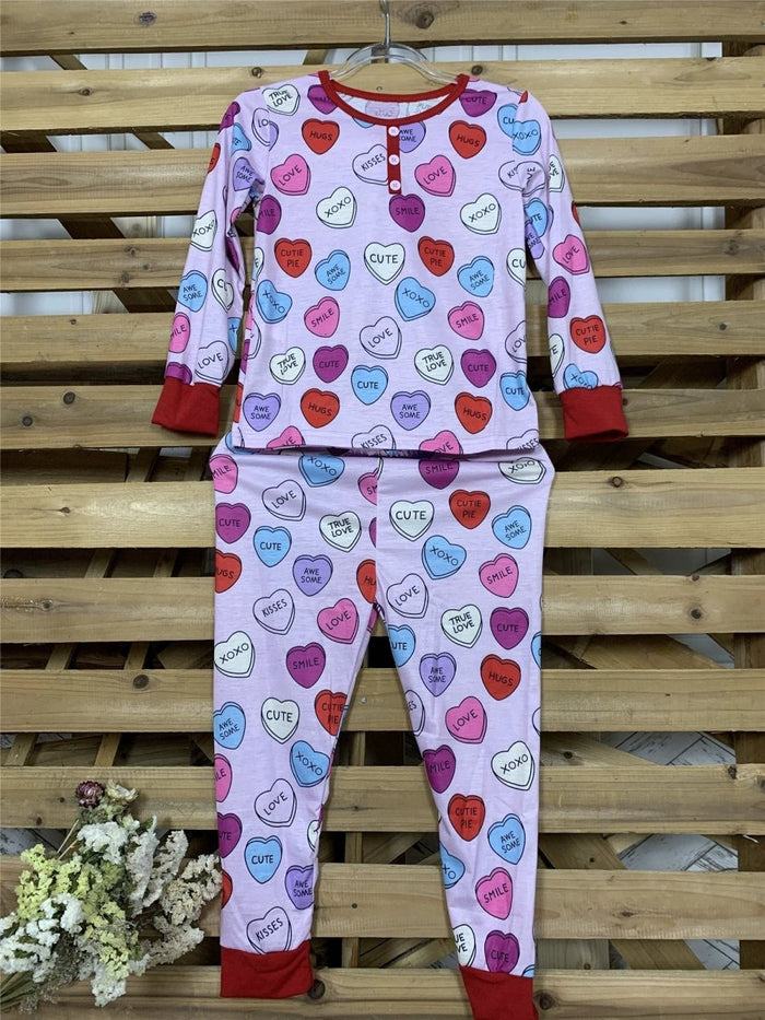 Matching Valentine's Day love print pajamas for parent and child by MANDOTOS, featuring cozy, festive sleepwear sets.
