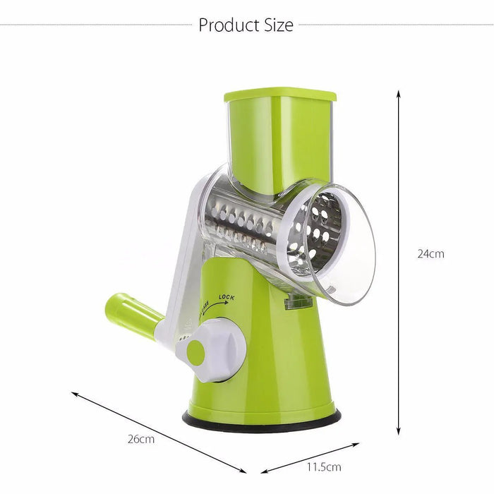 Ancient Energy round vegetable cutter and mandoline slicer with julienne and grater attachments for potatoes, carrots, cheese, and more.