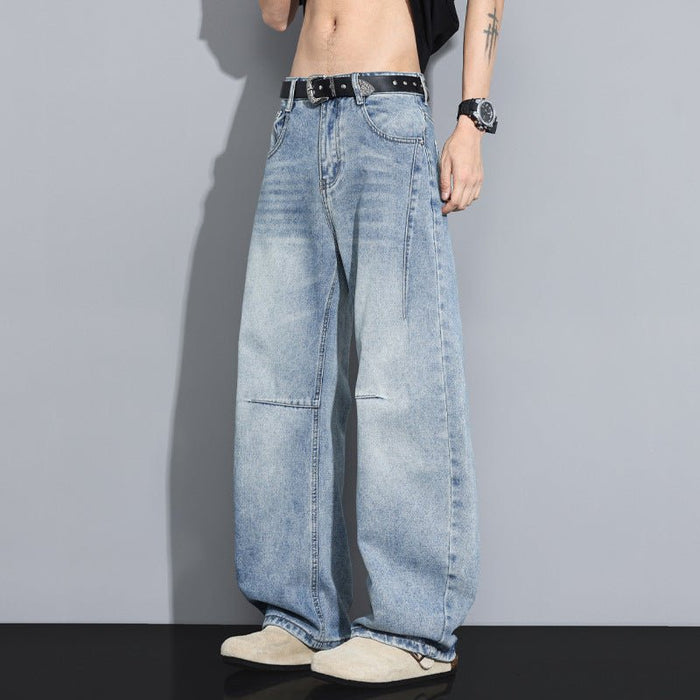 Ancient Energy men's straight-leg denim jeans, versatile high-street style, dark blue wash, classic five-pocket design, front view.