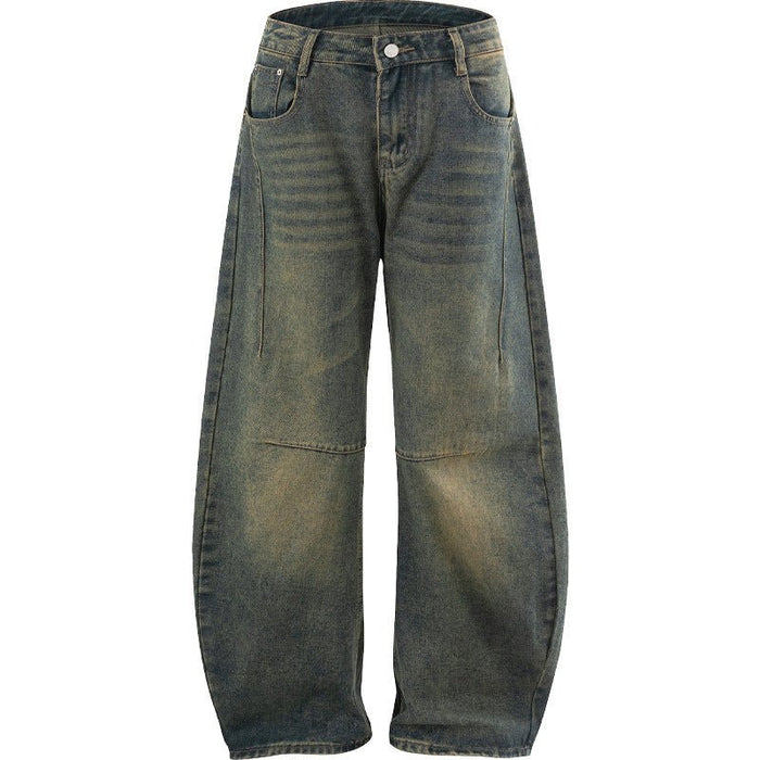 Ancient Energy men's straight-leg denim jeans, versatile high-street style, shown on a model with a classic fit and dark wash.