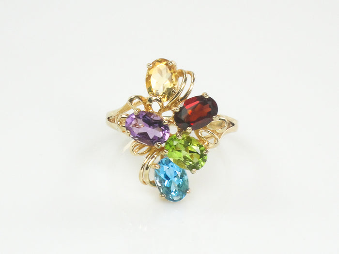 Vintage 10k Multi Color Gemstone Ring with Natural Garnet Peridot Topaz Amethyst and Citrine Size 9.5
