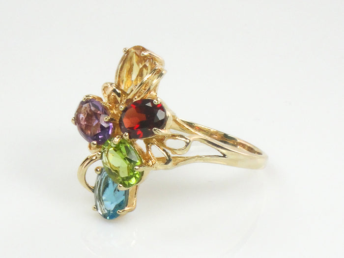 Vintage 10k Multi Color Gemstone Ring with Natural Garnet Peridot Topaz Amethyst and Citrine Size 9.5
