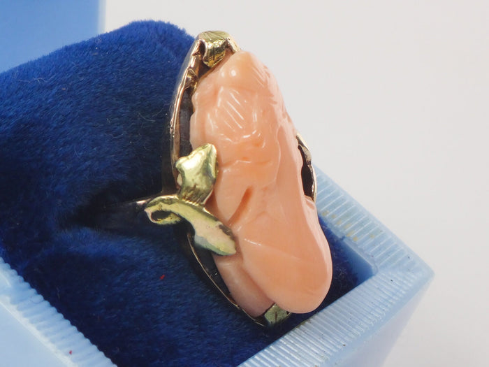 Vintage 10k Yellow Gold Pink Coral Cameo Ring Size 6