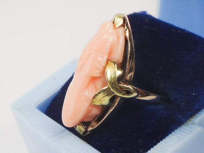 Vintage 10k Yellow Gold Pink Coral Cameo Ring Size 6