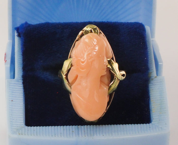 Vintage 10k Yellow Gold Pink Coral Cameo Ring Size 6
