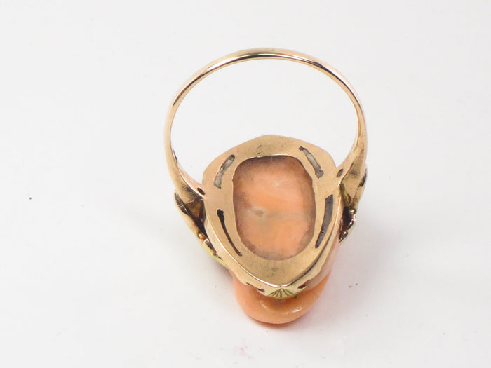 Vintage 10k Yellow Gold Pink Coral Cameo Ring Size 6